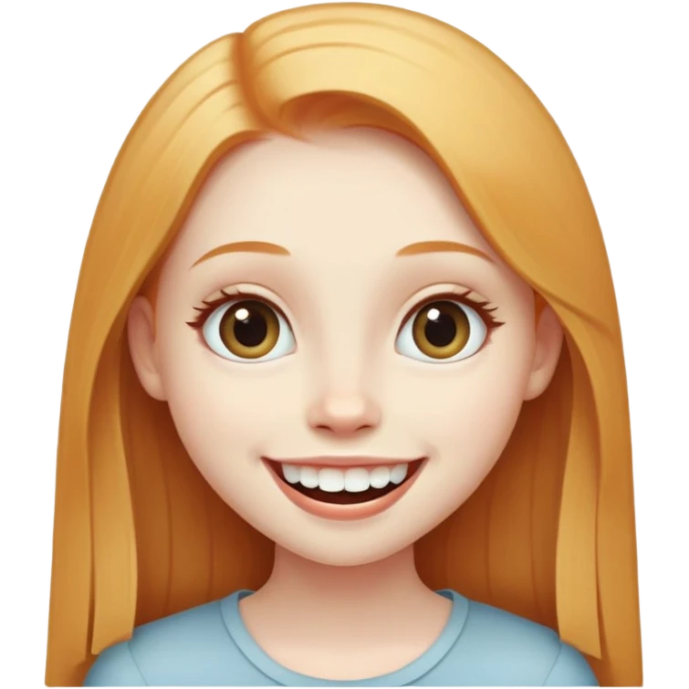 traditional simple emoji of young girl with very pale skin, long straight ginger blonde hair, big eyes, big smile with teeth showing, classic round face emoji
