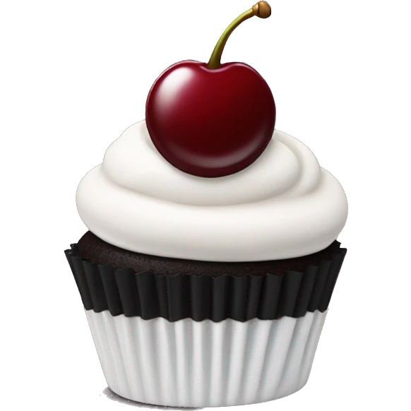 Dark red cherry cupcake with white frosting on top with black cupcake case  emoji