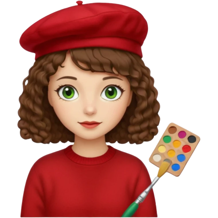 Девушка художник с кистью и палитрой кудрявые коричневые волосы  стрижка каре Волосы средней длины зеленые глаза белая кожа красная кофта В берете emoji