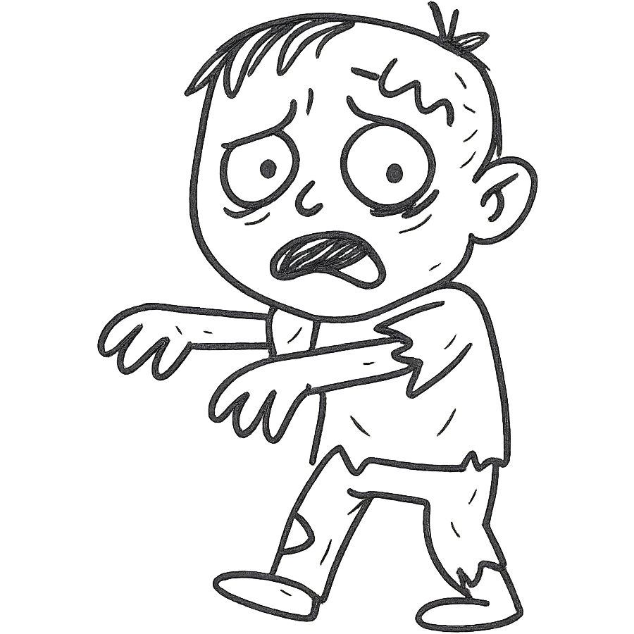 zombie boy, hand drawn black outline, expressive face, green skin, tattered clothes emoji