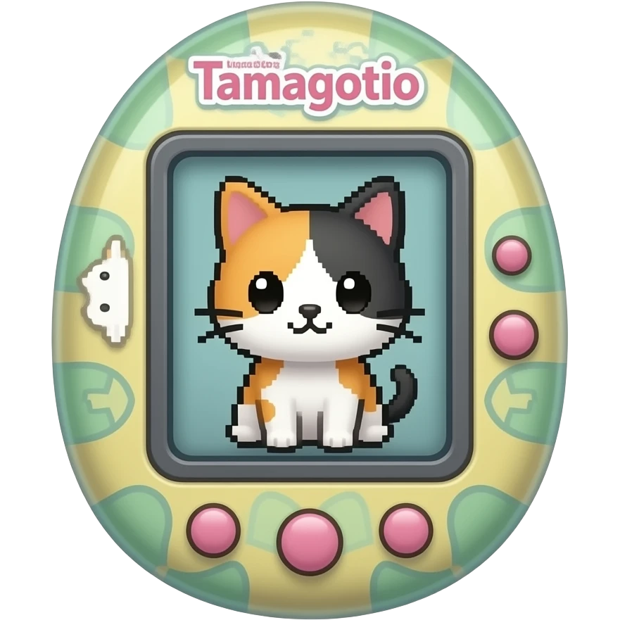all in "kawaii cutecore retro pixel art" style: cute chibi pixel cat that looks like poff and pom from sanrio inside a tamagotchi style virtual pet device, pixel art style emoji