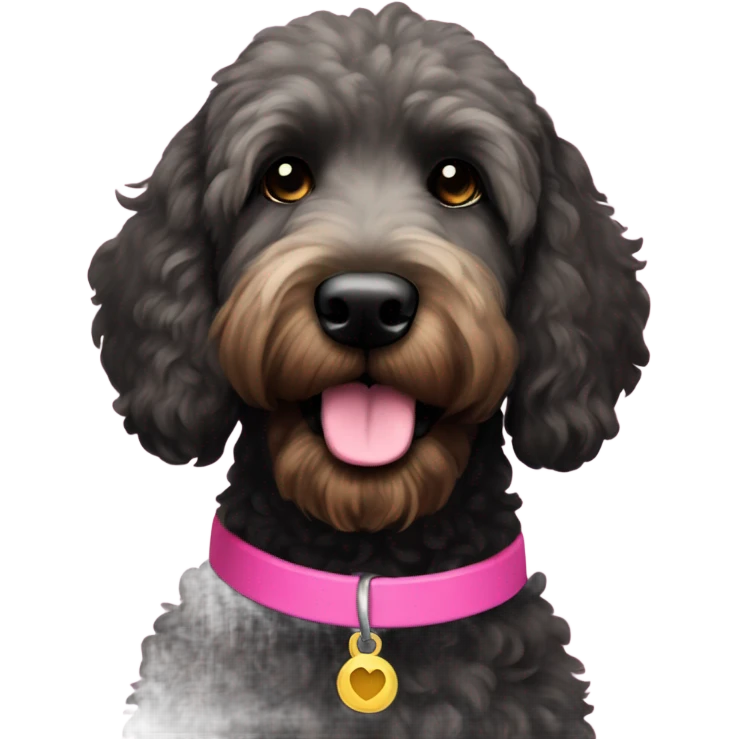 Black goldendoodle with a pink collar emoji