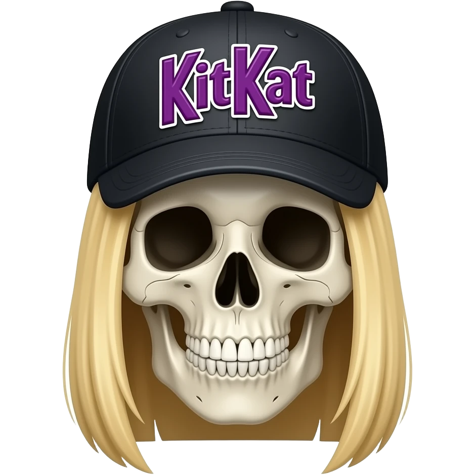 A skeleton head wearing a black baseball cap that says "KitKat" in purple lettering, white bordering, with long straight blonde hair emoji