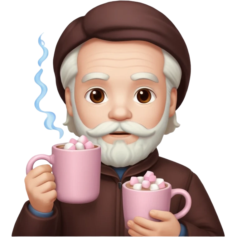 Marx hold  Light Pink mug of hot chocolate with marshmallows in  emoji