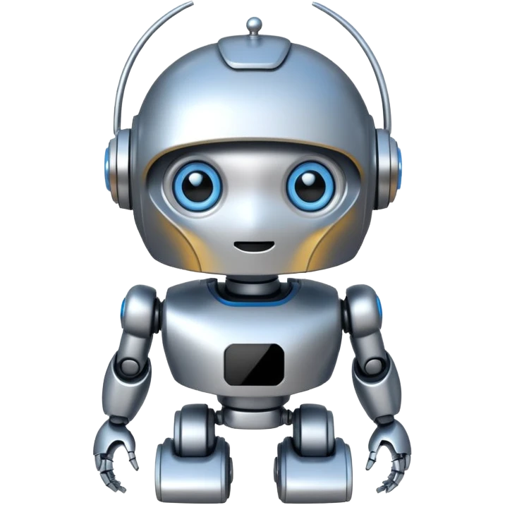 Mini robot, with blue eyes and elements, and silver emoji