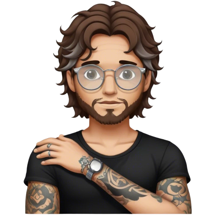 a man with brown wavy hair, black top, white skin, silver round glasses, tattoos emoji