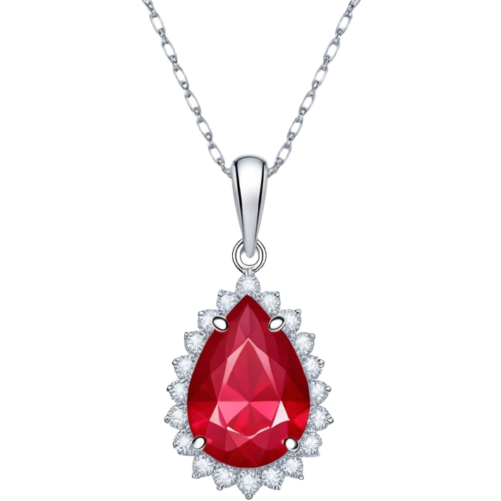 teardrop ruby pendant with silver chain and white stones, radiating luminous aura emoji