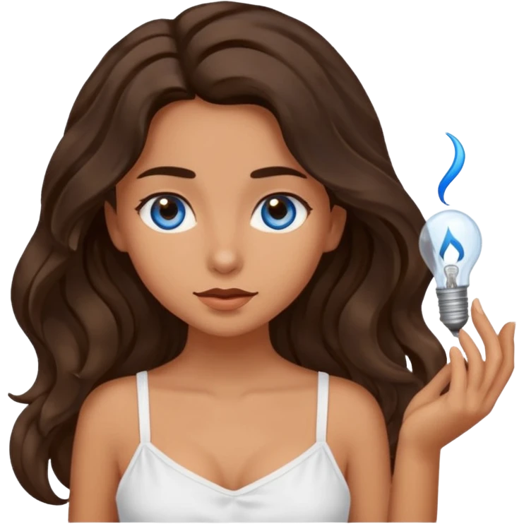 Girl with olive skin, blue eyes, brown dark insanely wavy long hair, white camisole, getting an idea emoji