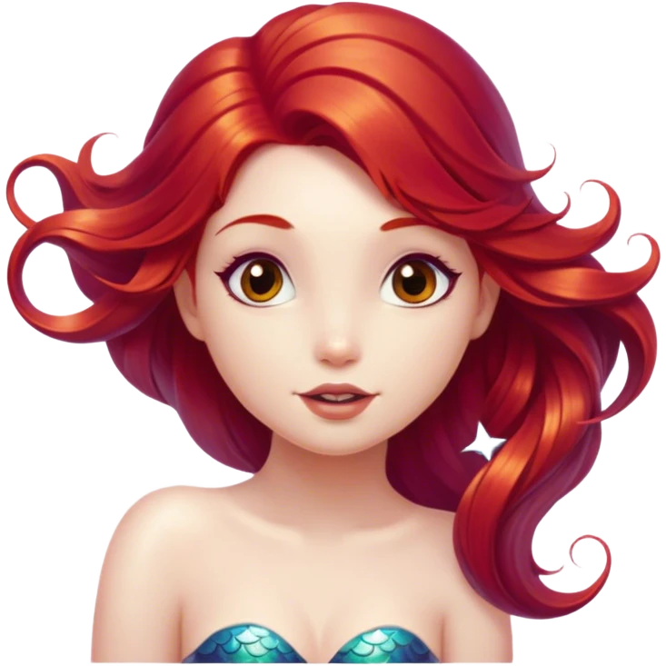 Cinematic Realistic Red Hair Mermaid Portrait, head tilted playfully and inquisitively, showcasing an ethereal form with finely detailed, flowing red hair against luminous porcelain skin. Her bright, curious eyes sparkle like hidden gems beneath the gentle caress of underwater light, rendered with lifelike clarity and warm, filtered illumination—capturing the essence of a spirited mermaid ready to splash playfully into your imagination. emoji