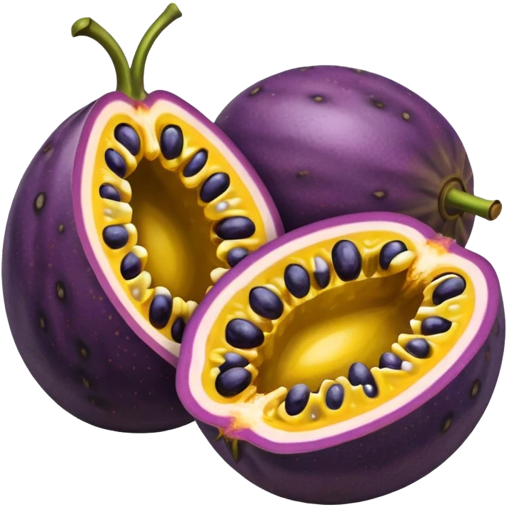 whole round purple passion fruit with slightly wrinkled matte skin next to halved piece showing vibrant yellow pulp with glossy black seeds juicy jelly-like texture bold contrast between rind and interior no leaf spoon or extras soft lighting subtle shadows emoji scale emoji
