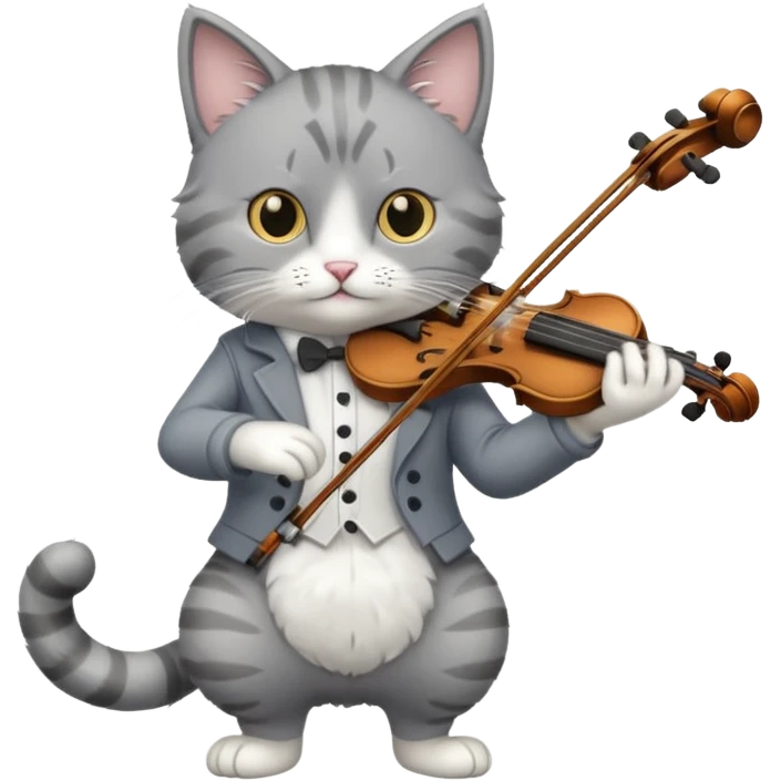 grey cat play violin, long full body emoji