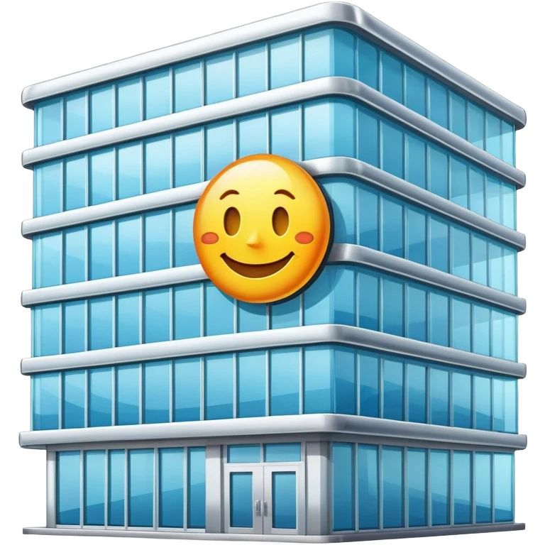 smiling office building with a happy face emoji