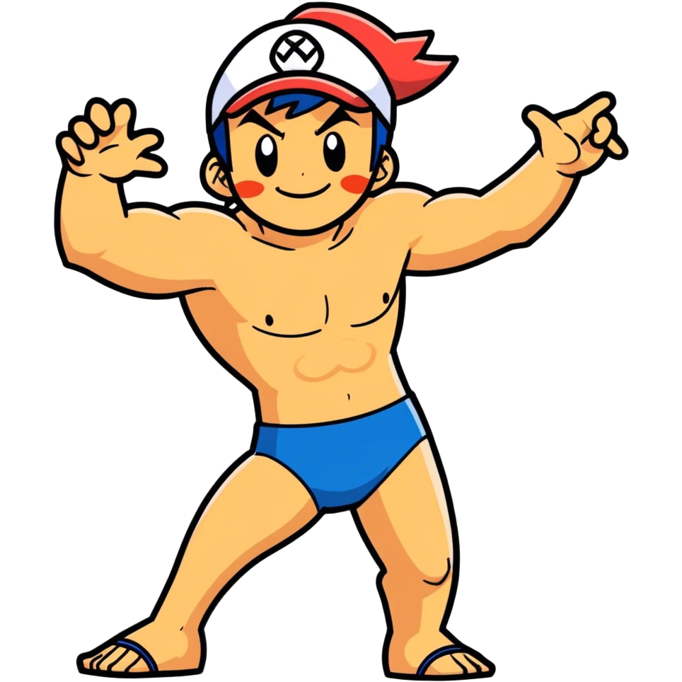 Realistic Hot handsome muscular 6ft 5inch tall smiling happy fun shirtless Ash Ketchum dancing to techno with two best friends in short swimwear emoji