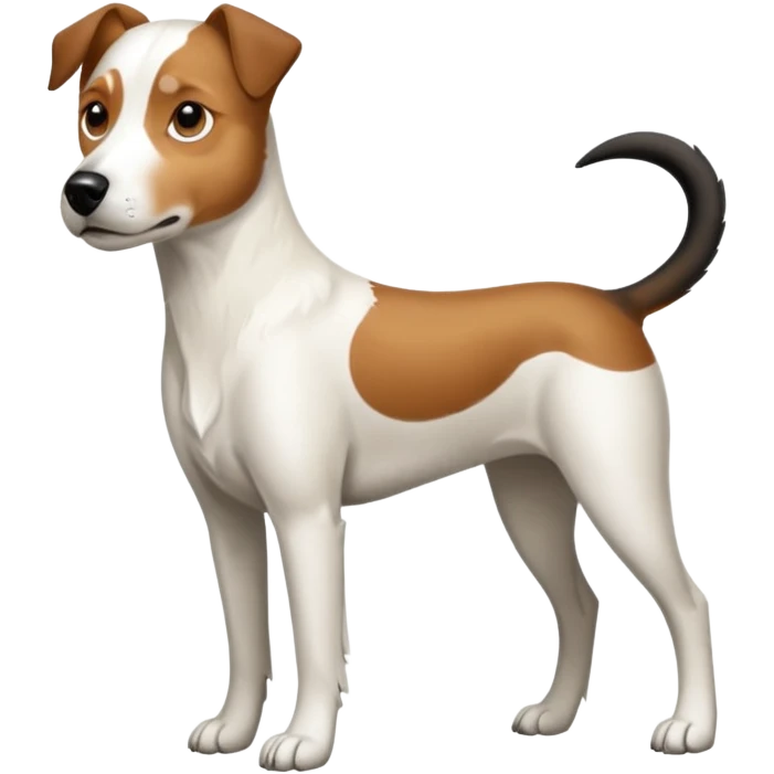 a full body large white parson russell looking dog the size of a kelpie with light brown flapped down ears and a light brown patch on one eye and a large snout emoji