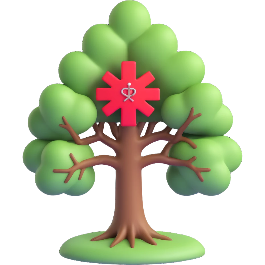 3D style full color tree with a small red medical plus in the middle, representing hospital or health emoji