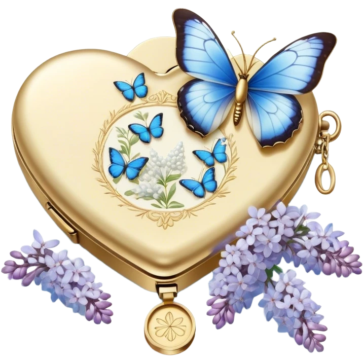A golden locket, resting beside an ivory envelope sealed with a pearl wax stamp, is surrounded by delicate blue butterflies and cascading white lilacs. A vintage perfume bottle with intricate floral engravings sits nearby, its fragrance lingering in the air. emoji