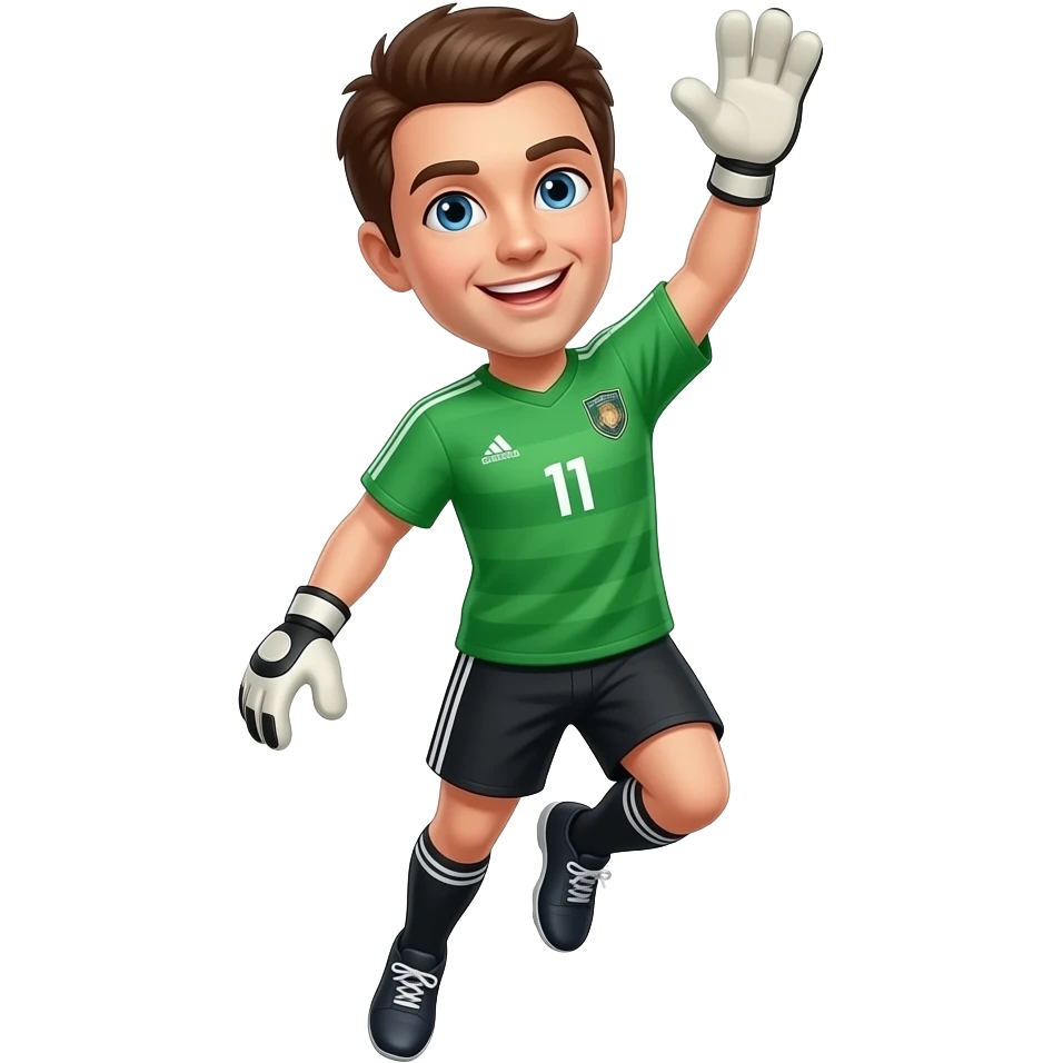 faça umgoleiro de camiseta verde, short conza, olhos azuis, cabelo marron, sorrindo e se jogando em um pulo e com a mão para o alto a direita  não quero bola na imagem emoji
