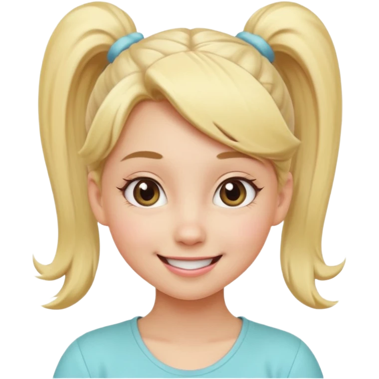 A playful blonde female cartoon character with wide, mischievous eyes, smiling, ponytail, dynamic pose suggesting movement, pastel colors, minimalistic and cute emoji style. emoji