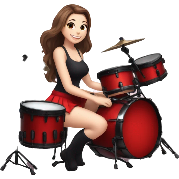 alistic full body caucasian curvy beauty short black skirt front view knickers long white socks sitting playing red drumkit emoji