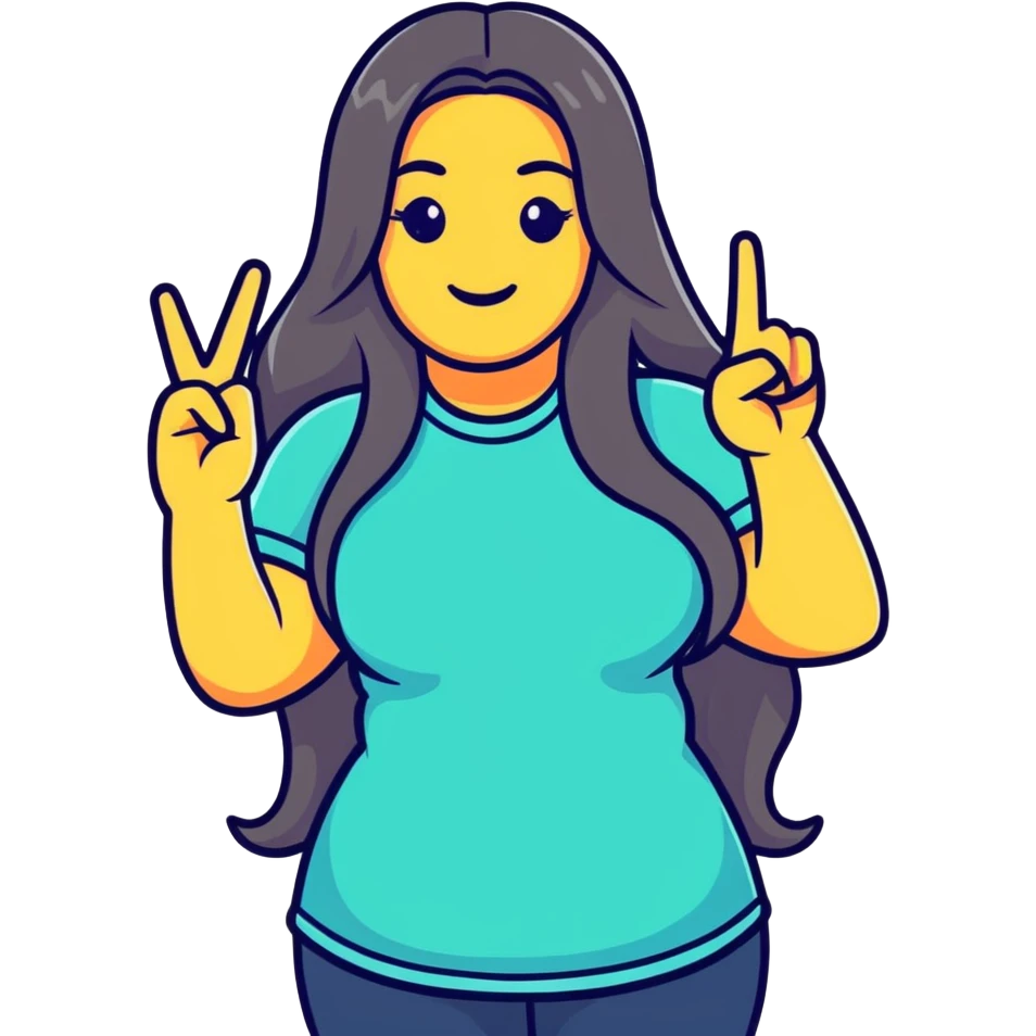 cartoon sticker of a curvy girl with long hair, making a peace sign, colorful and lively emoji