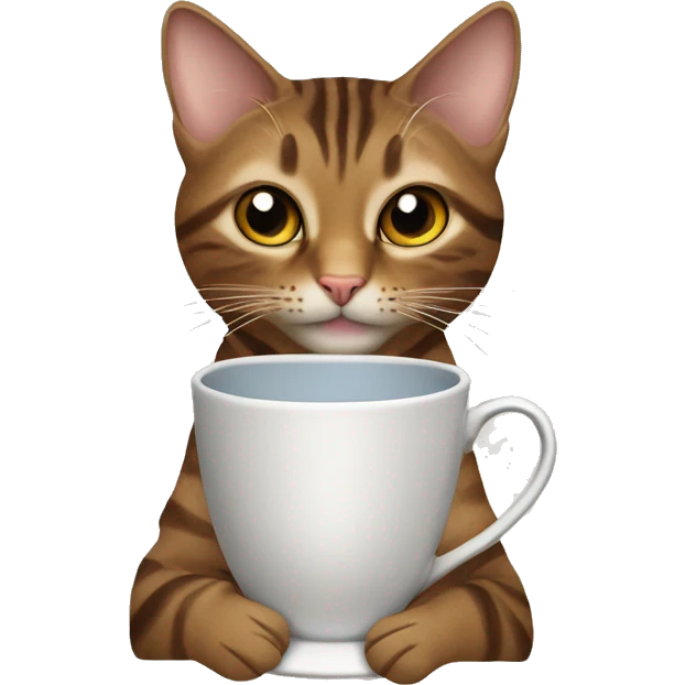 hazel eyed brown Tabby cat holding a cup of tea emoji