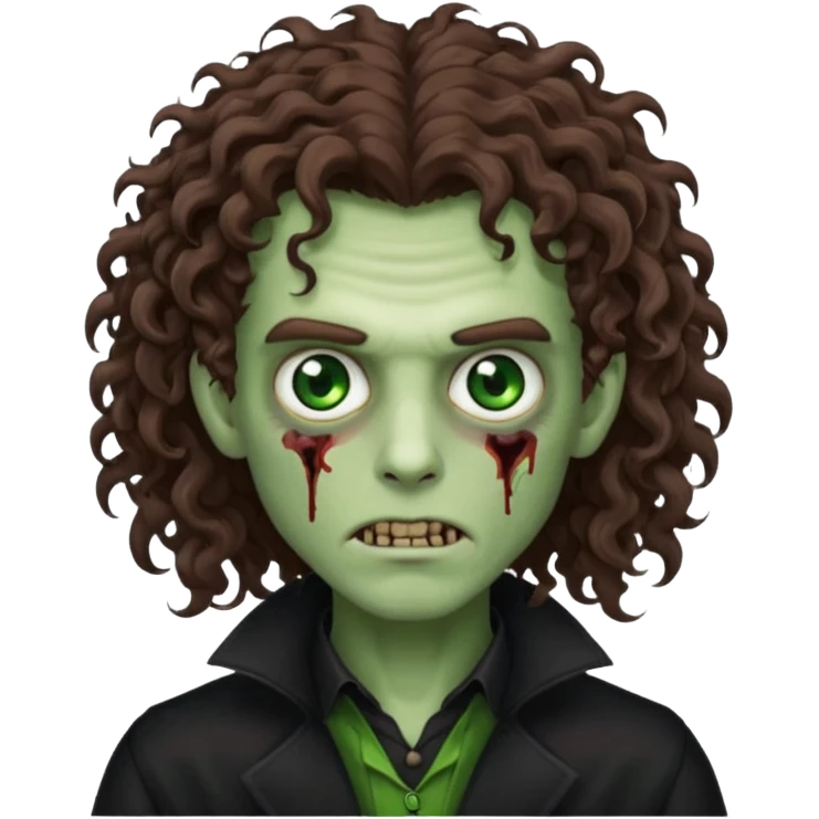 long curly haired male zombie with brown hair color and green eye color, with dark vampire clothes emoji