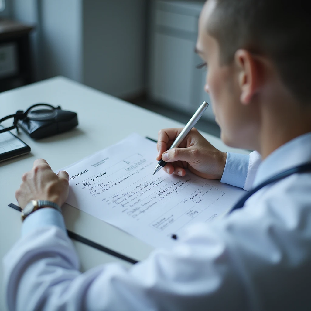 doctor filling out a prescription on letterhead, writing 'Dried pig thyroid', patient watching attentively, clinic environment, hyperrealistic 4K details emoji