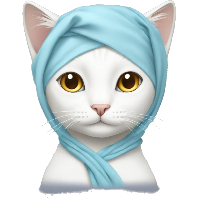 White female cat wearing a light blue wrap around headscarf with long eyelashes emoji