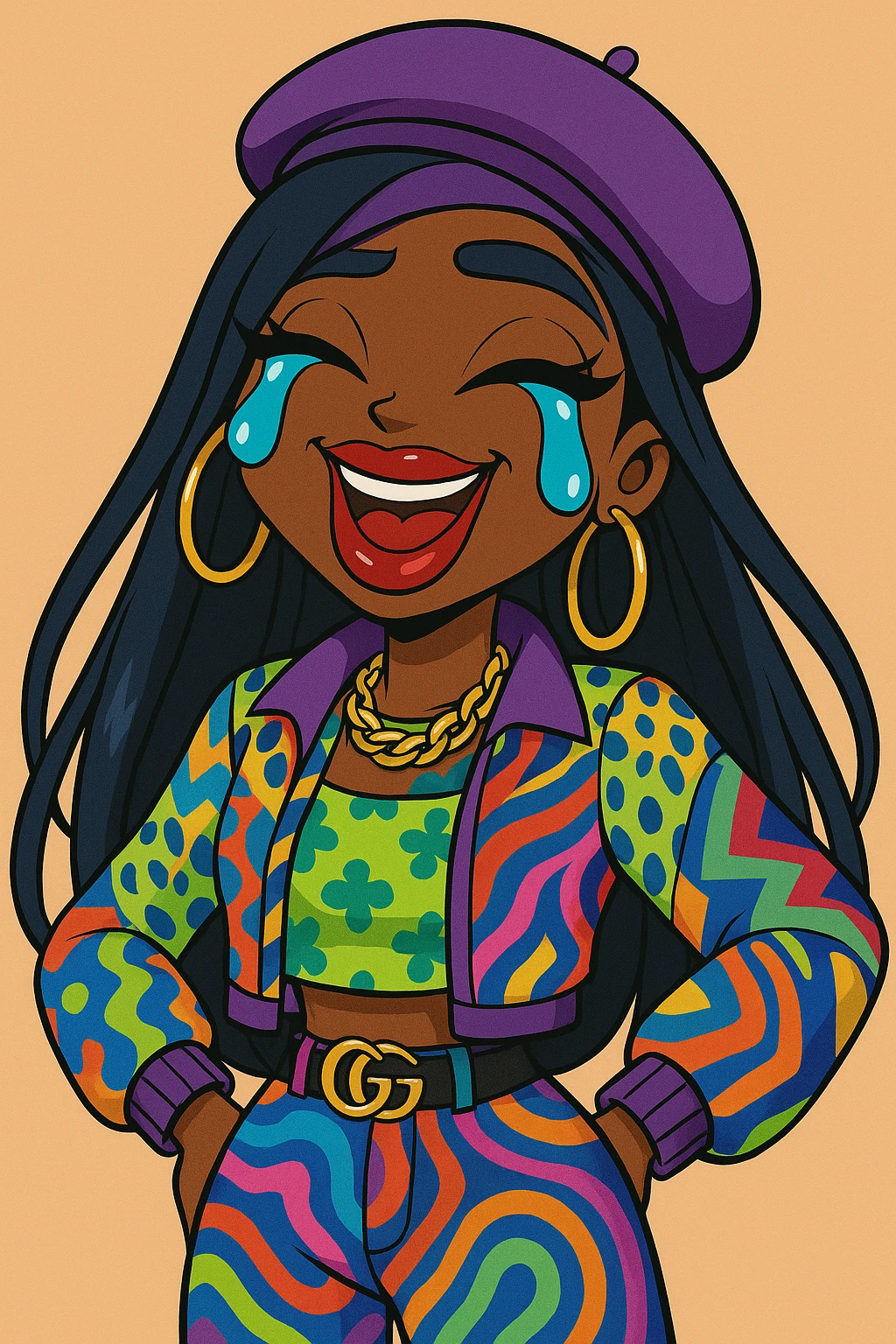 Change her outfit style to a bold, colorful fashion-forward look, keep her as a 20-year-old anime Bratz style woman with dark skin, dark hair, crying laughing expression, big expressive eyes, and glossy lips. emoji
