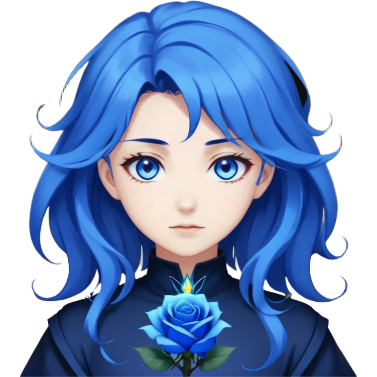 anime girl with dark blue hair, blue rose in hair, glowing blue eyes, Solo Leveling style, sharp features, blue magical aura, 2D emoji emoji