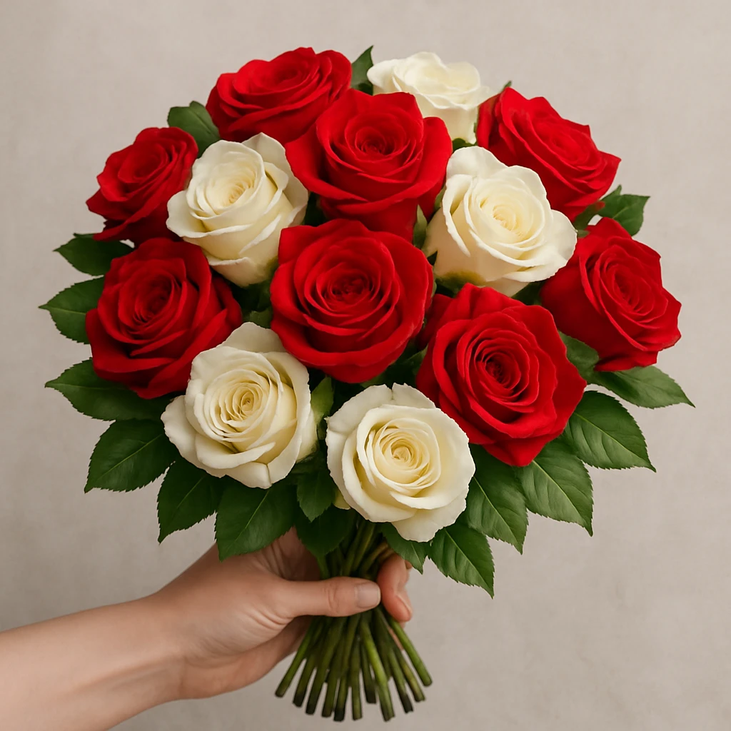 a hand-tied bouquet of red and white roses, vibrant and romantic, with green leaves emoji