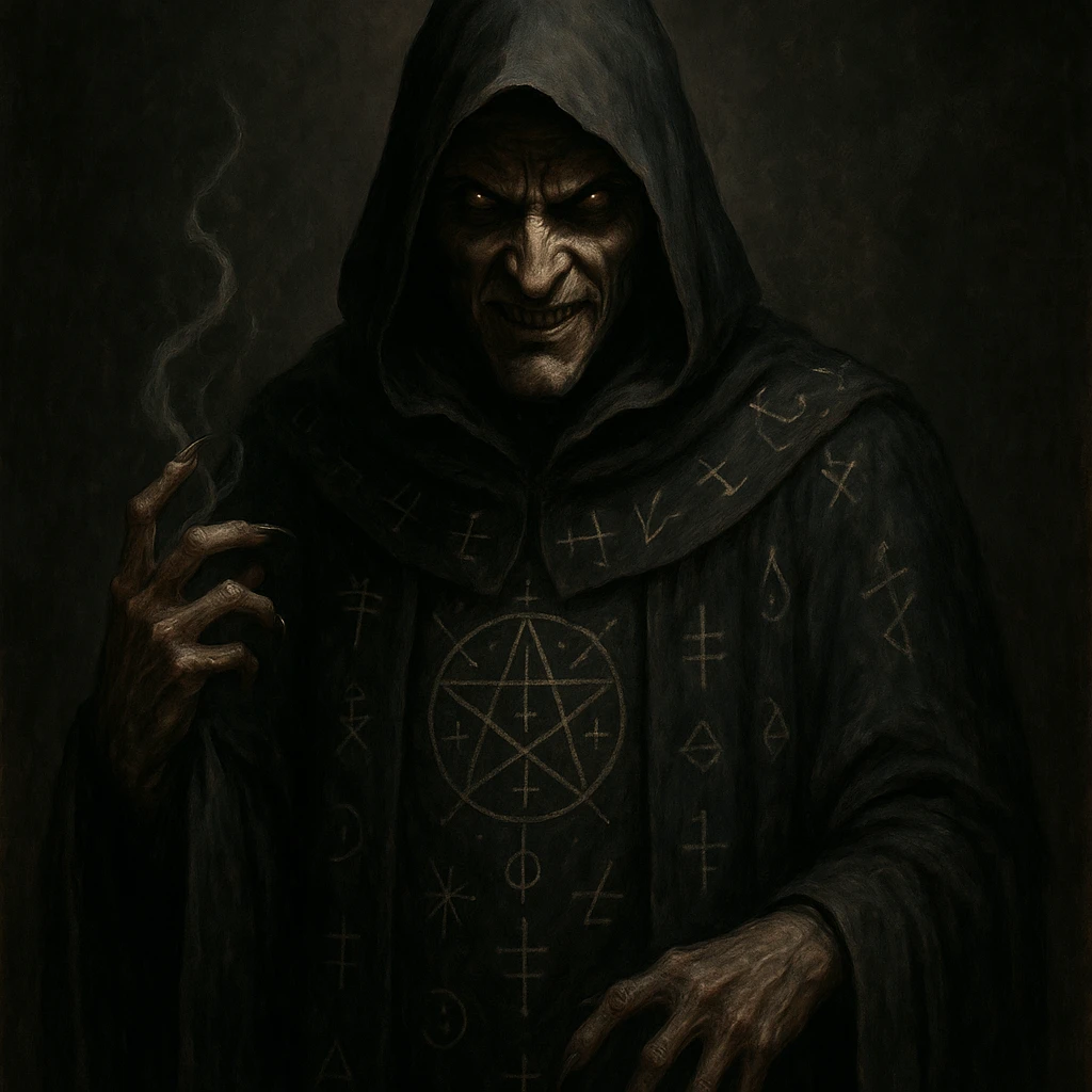 dark wizard, hooded cloak, arcane symbols, sinister expression emoji