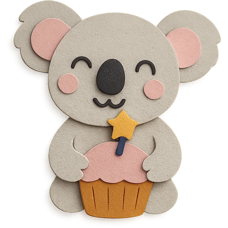 happy koala holding cupcake with 1 star candle in paper-craft style emoji