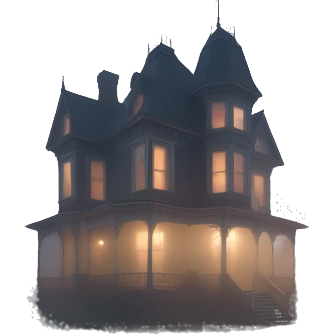 Wide view, A ramshackle Victorian mansion looms through dense fog at dusk  emoji