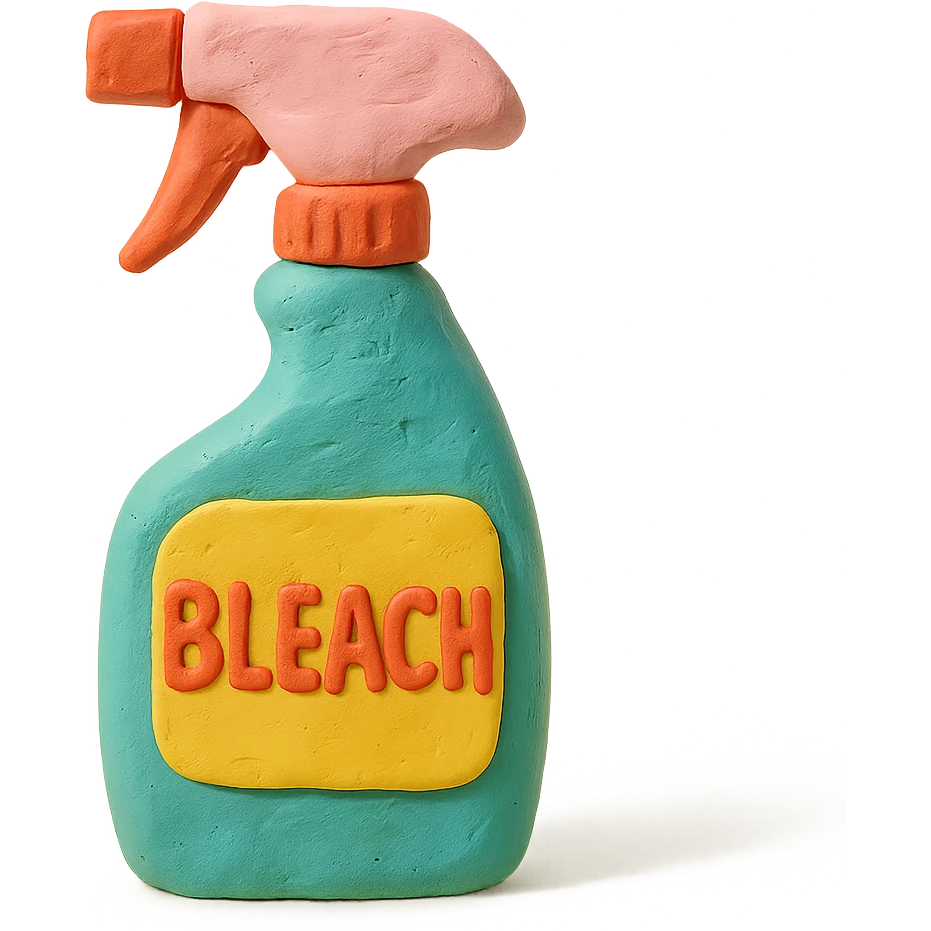bleach spray bottle in claymation style with a bold label, playful arrangement, pastel palette emoji