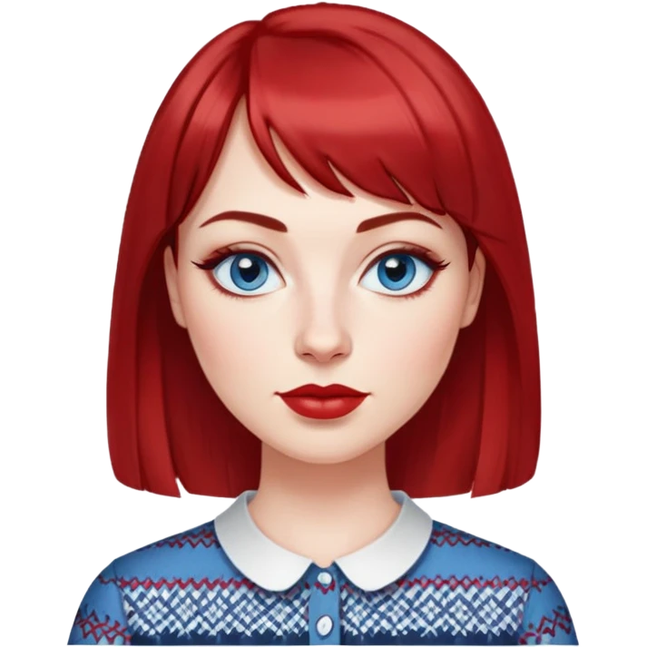 Woman in her 30s with clear white skin, oval face, large blue eyes with eyeliner, thin eyebrows, small nose, medium lips with red lipstick, dark red straight hair with bangs, wearing a red and white patterned shirt, friendly expression emoji