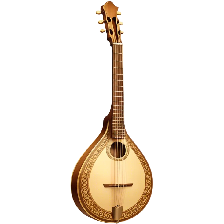 Bouzouki – Cinematic Realistic Bouzouki, depicted as a beautifully crafted Greek string instrument with a long neck and ornate fretwork, its polished wooden body reflecting warm golden light, set on a rustic background with soft shadows that evoke traditional Mediterranean music. emoji