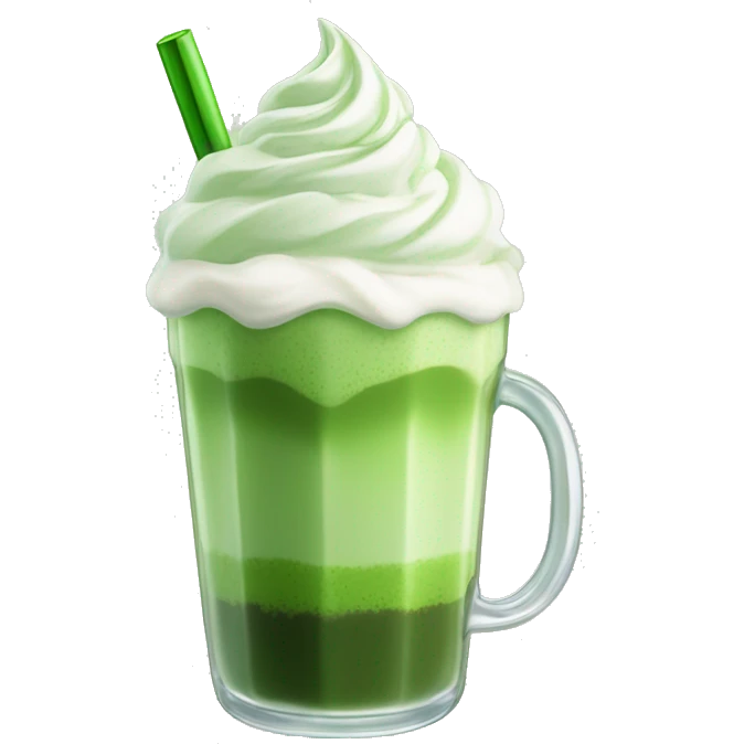 a glass of matcha latte with whipped cream and green tea powder on top. Without straw
 emoji