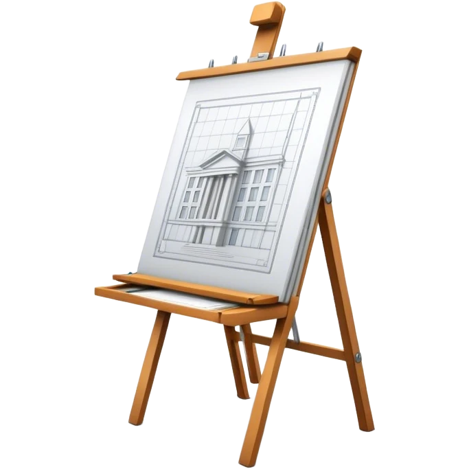 Sleek icon for Architecture: engineer's drawing board with 3D model of the building,  pencil, architect's easel, rulers and protractor. Transparent background. emoji