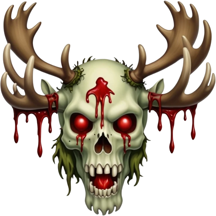 A giant looming Alaskan zombie Titan with blood dripping moose antlers and covered in moss and blood. In the style of your bleeding skull art emoji