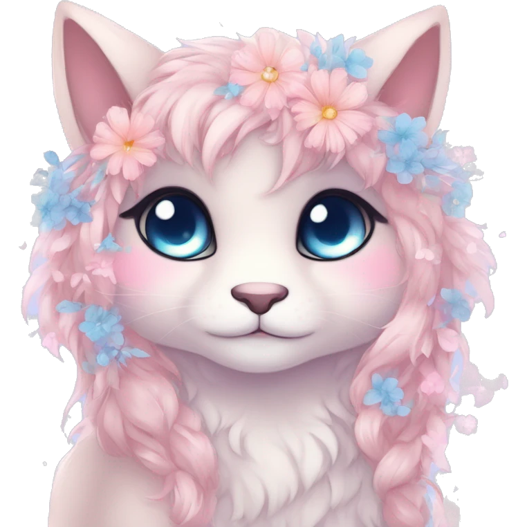 Anthro Cute Cool Blushing Pastel Innocent Shy Kawaii gorgeous sparkly ethereal fantasy anime animal creature with blue eyes furry sona with flowers and ribbons beautiful aesthetic emoji