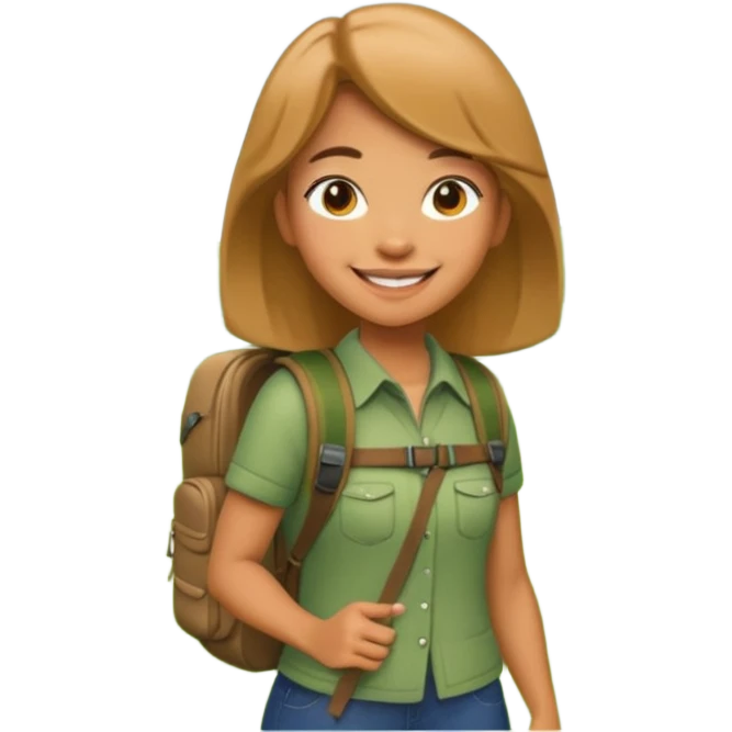 A 3D cartoon woman with a backpack smiling outdoors, surrounded by greenery, Memoji-style realism. emoji