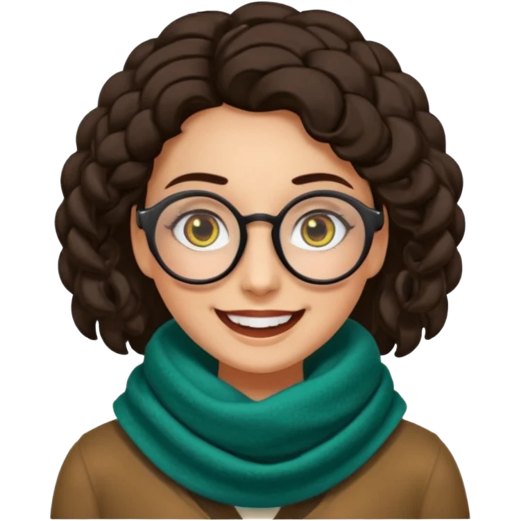Emoji estilo WhatsApp de una mujer sonriente con rostro ovalado, piel semi oscura, ojos grandes y oscuros, cejas gruesas arqueadas, gafas grandes redondeadas, rizos voluminosos negros, bufanda colorida y expresión tierna. Colores limpios, contornos suaves y fondo transparente. emoji