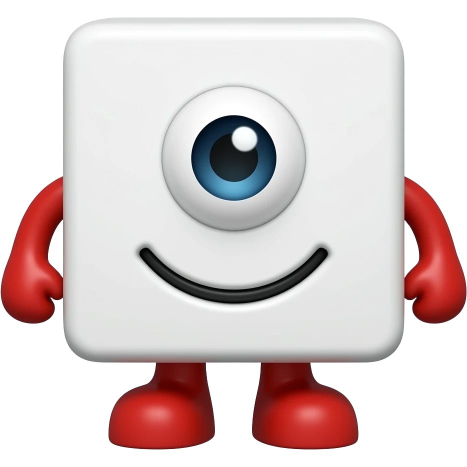 A red block block with red feet, red arms and a circular cute eye with a big smile emoji