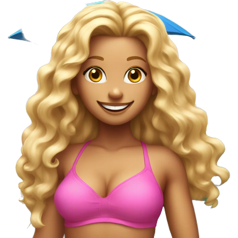 girl in pink bikini with super big blonde hair with surfboard in the background smiling emoji