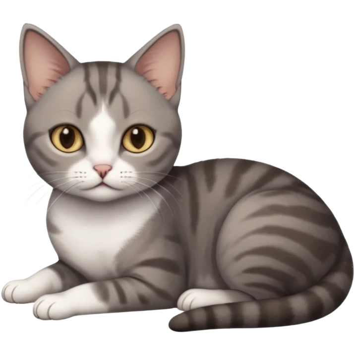 full body tiny short hair dark grey and white cat with white front legs anh azel eyes lying down emoji