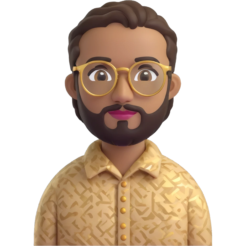 portrait of a man with short braids, trimmed beard, wearing gold glasses and a beige patterned shirt, 3D emoji style, inspired by the reference photo emoji