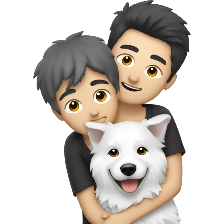 a men with grey and black short hair hugging japanese spitz emoji