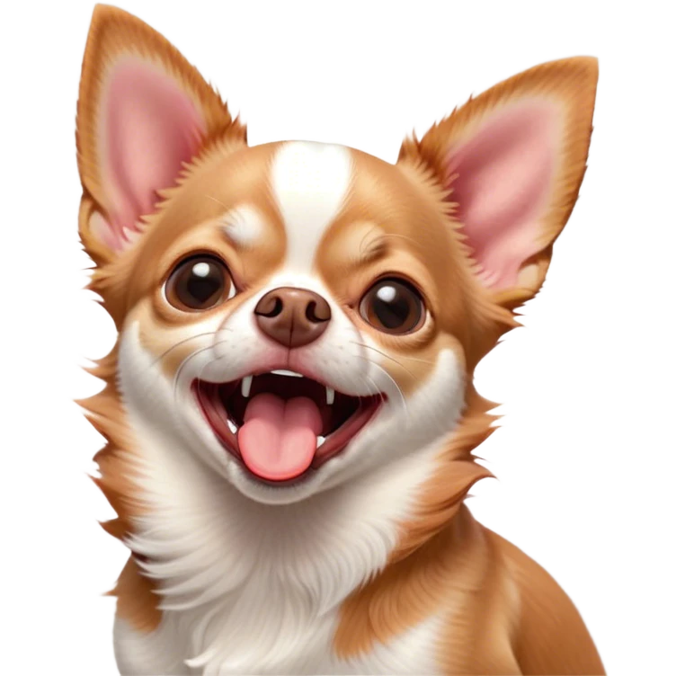 Cinematic Cute Yawning Red/White Short Haired Chihuahua Portrait Emoji, Head tilted slightly with a dramatic, wide-open yawn, soft red and white fur with a smooth texture, floppy ears slightly drooping, round dark eyes barely open in drowsy contentment, Simplified yet irresistibly adorable features, highly detailed, glowing with a soft, cozy glow, high shine, relaxed yet expressive, stylized with a touch of whimsy, bright and endearing, soft glowing outline, capturing the essence of a sleepy yet affectionate pup, so drowsy it feels like it could stretch right out of the screen and curl up for a nap! emoji