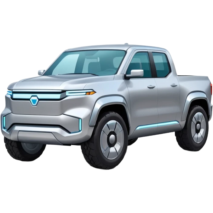 A futuristic electric pickup truck emoji, silver chrome body, angular cyber design, smooth metallic panels, subtle reflections, minimalistic proportions, iOS emoji style, centered composition, clean white background, soft lighting emoji
